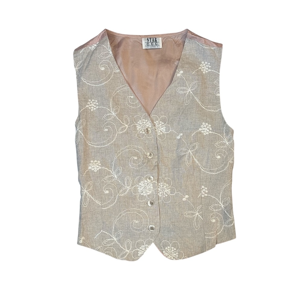 Vintage Star CCC Vest‎  Beige Floral Embroidered Lined Button Front Waistcoat